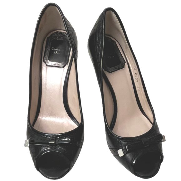 Christian Dior Black Quilted Leather, Bows with Metal Charm, Peep Toe Size 34 -4 - Picture 1 of 15